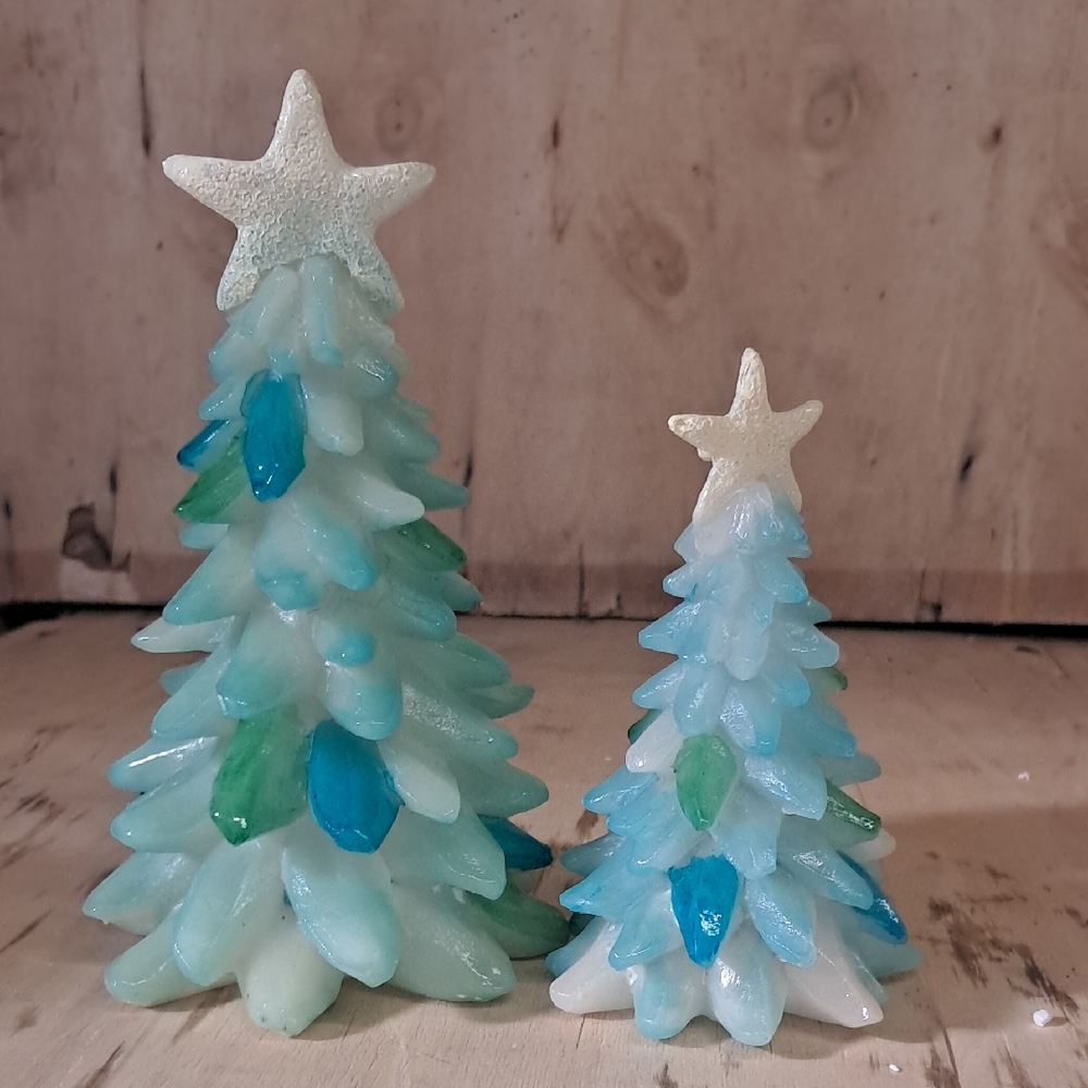 2 Blue and Green Decorative Sea Glass Christmas Trees